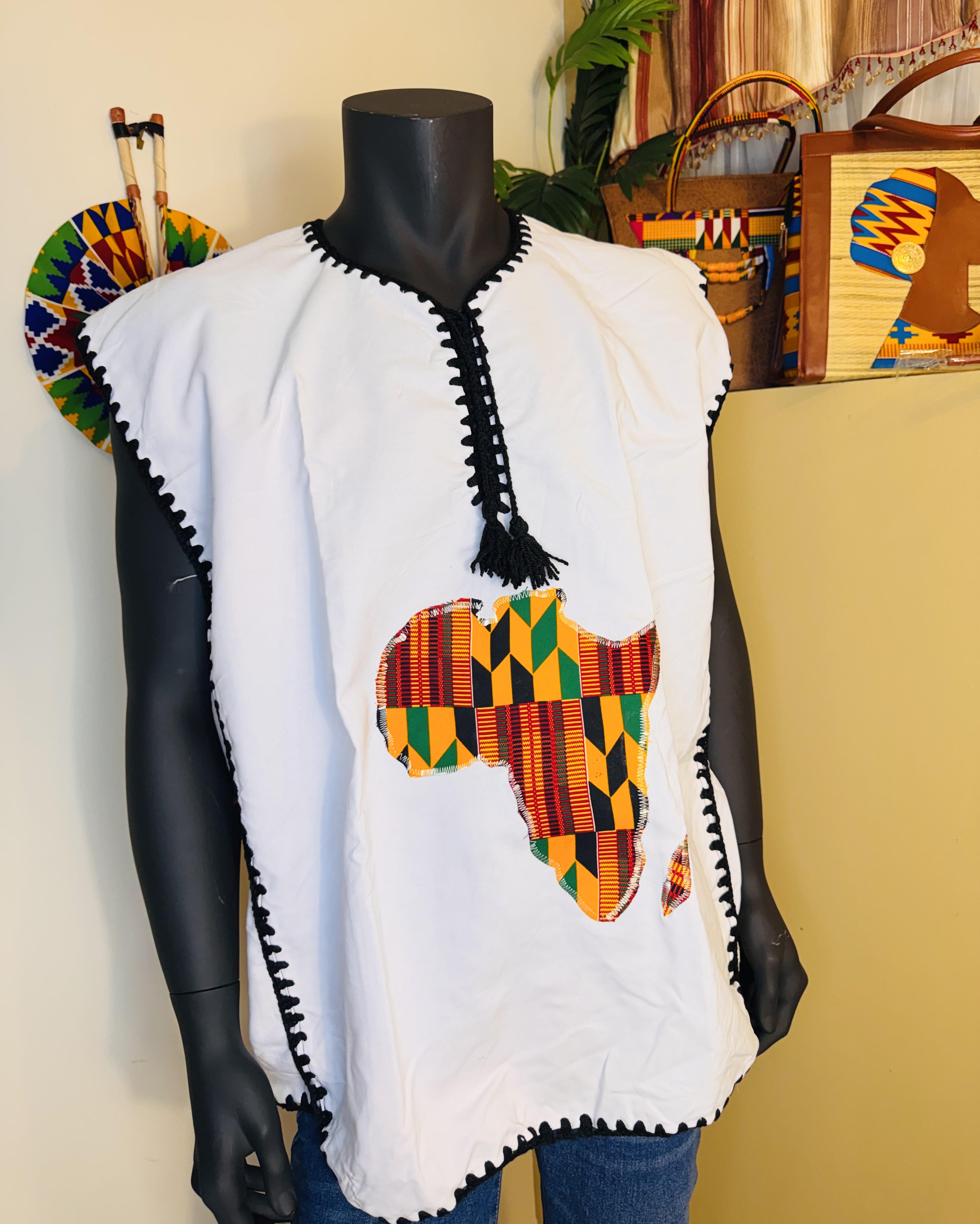  African Smock Top - White & Kente Design 